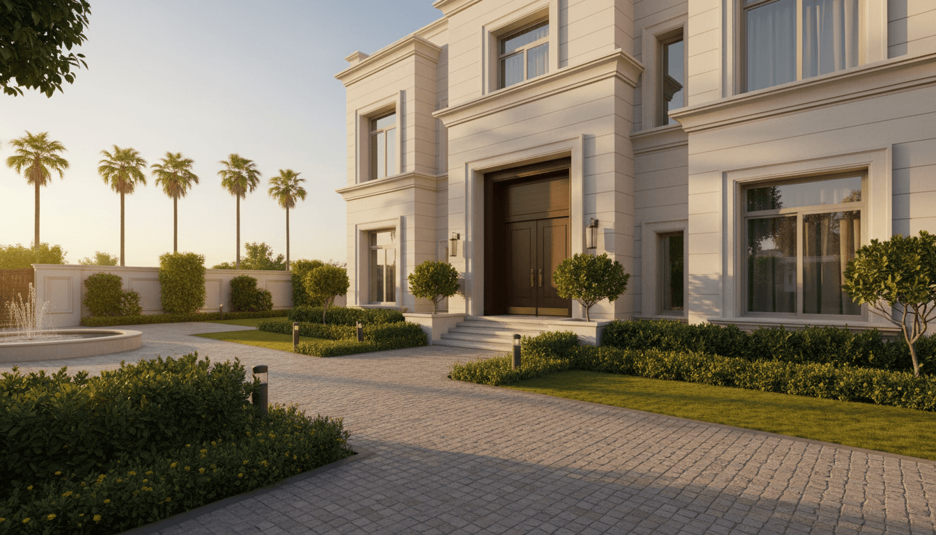 Luxury villa exterior in Bahria Town with manicured landscaping