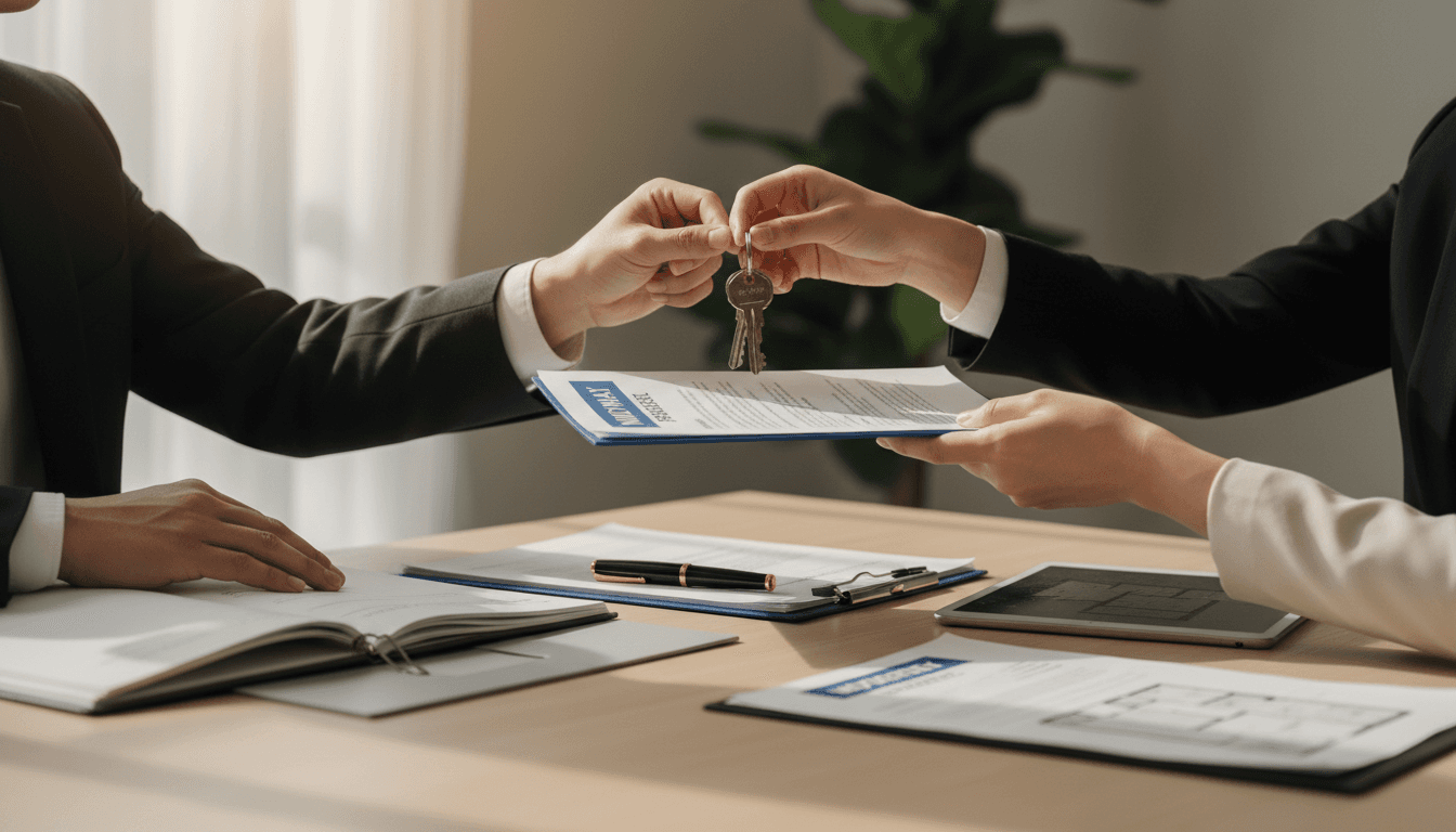 Close-up of property transaction with keys and documents being exchanged