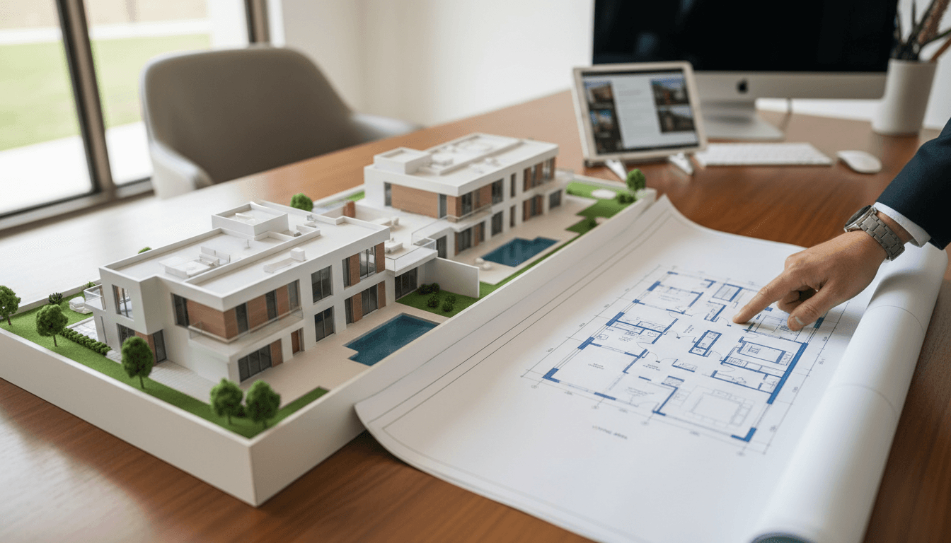 Property floor plan and model on desk