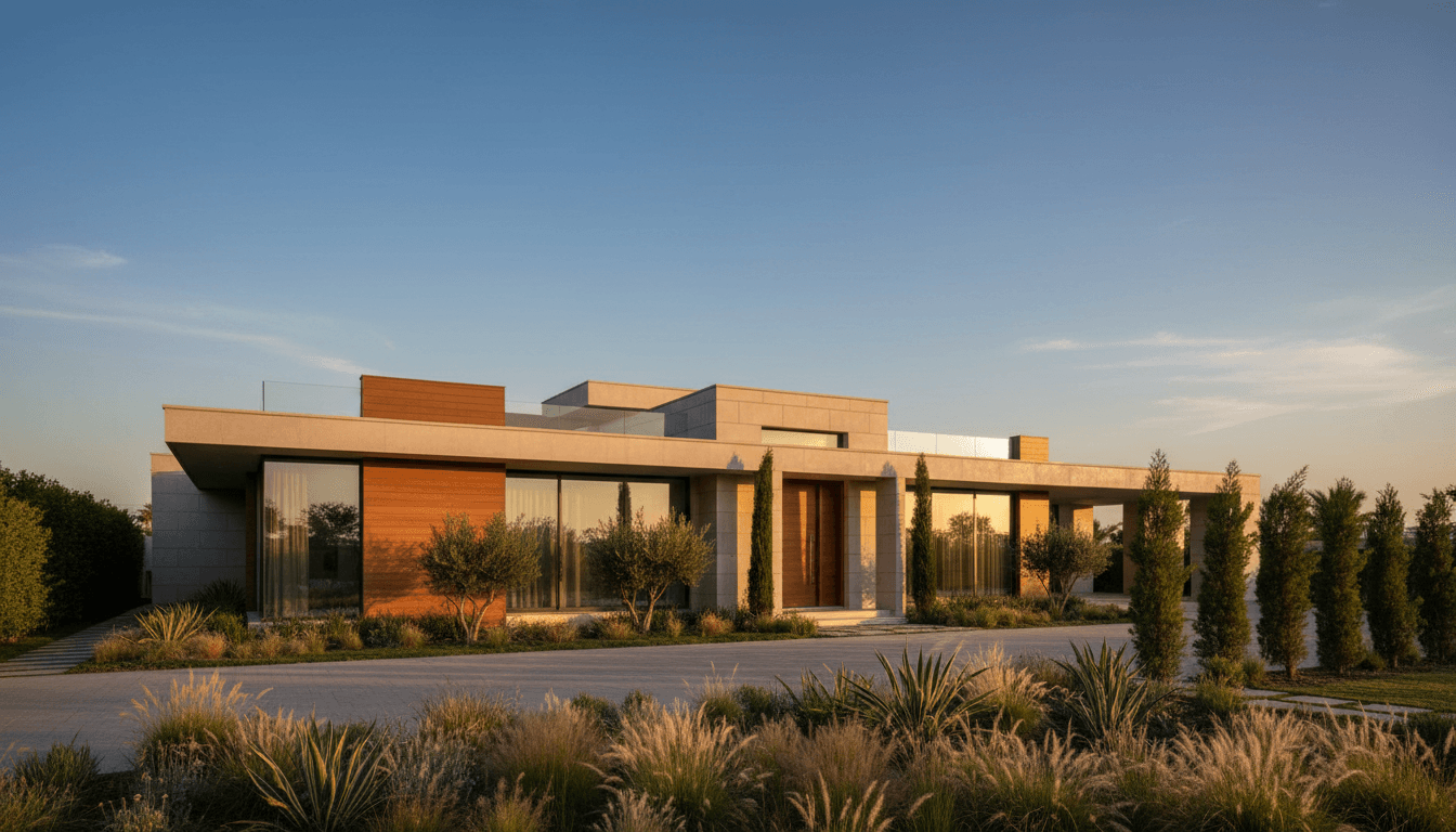 Modern luxury villa in Bahria Town with architectural details highlighted by golden hour light