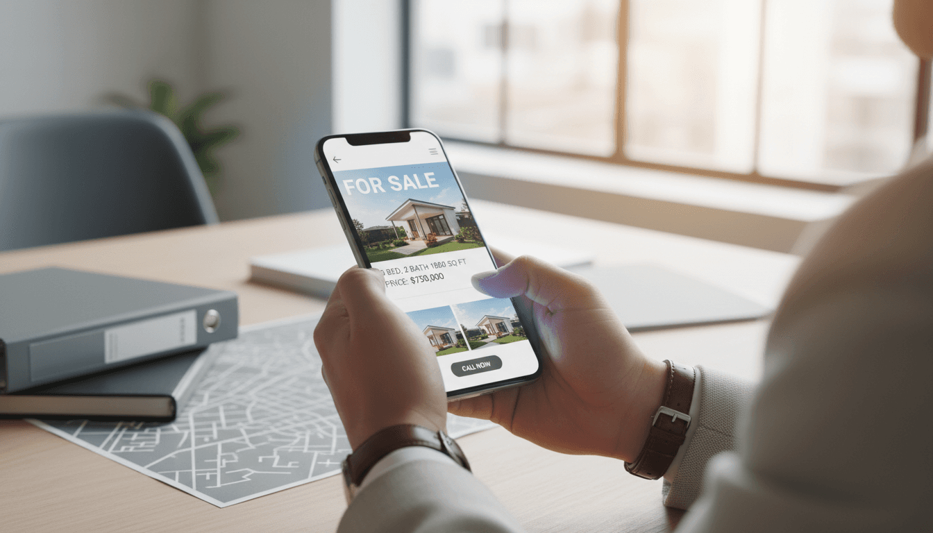 Real estate agent on phone with property listings