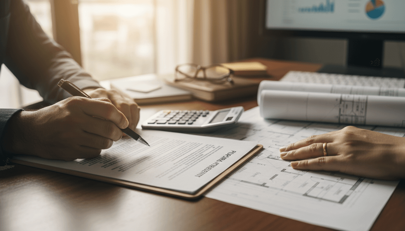 Real estate professional reviewing property documents and floor plans with a client