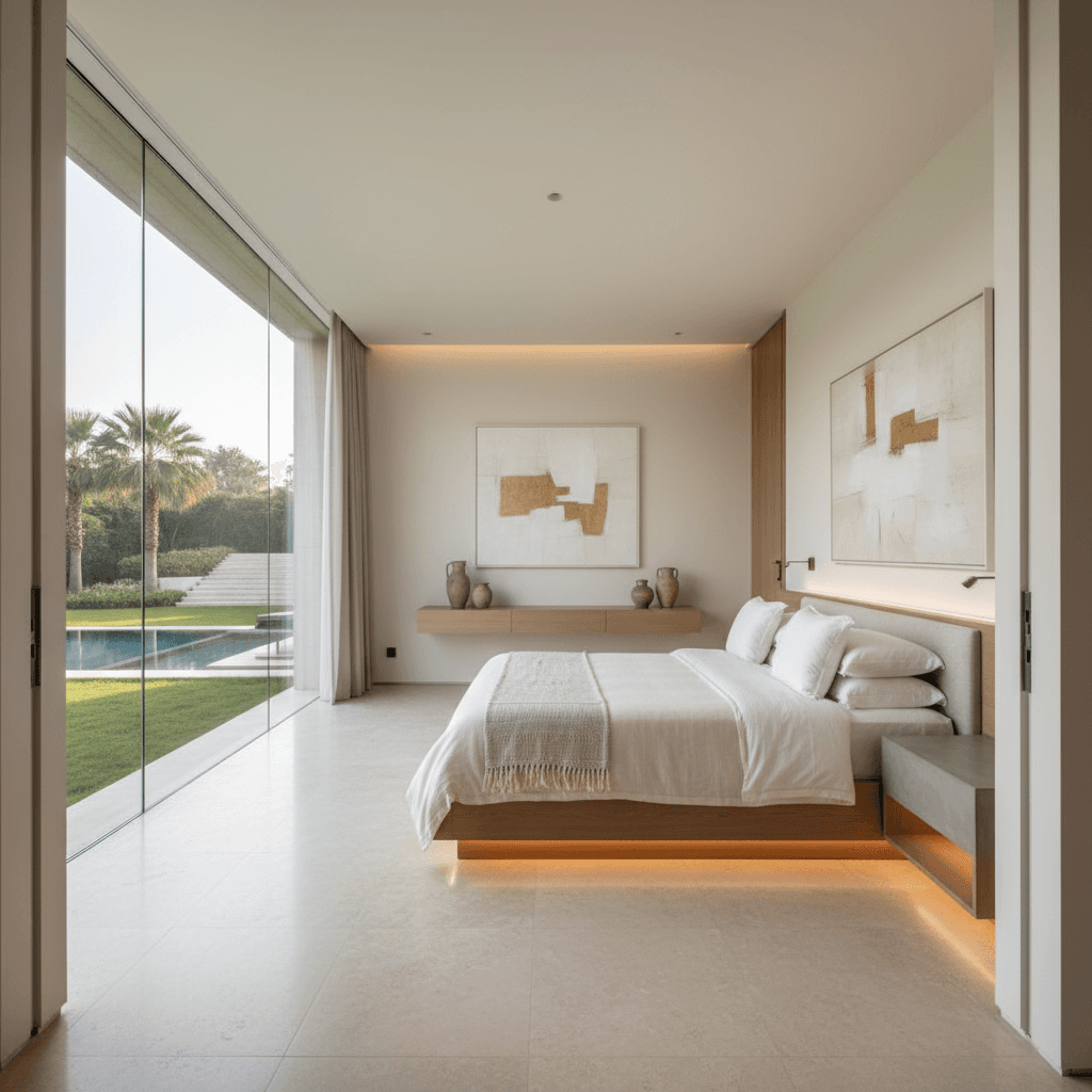 Elegant master bedroom with garden views